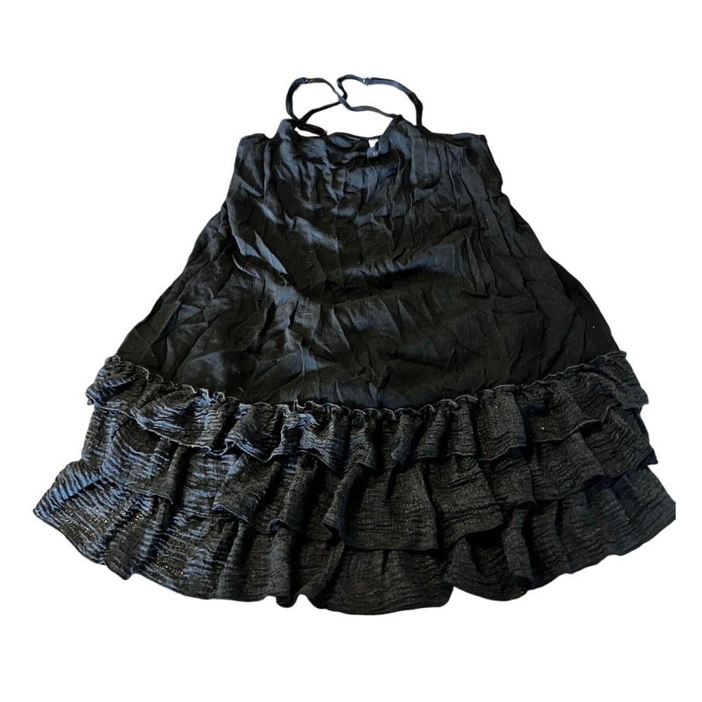 Black Ruffle Tiered Babydoll Dress Crinkle Viscose Adjustable Straps Medium